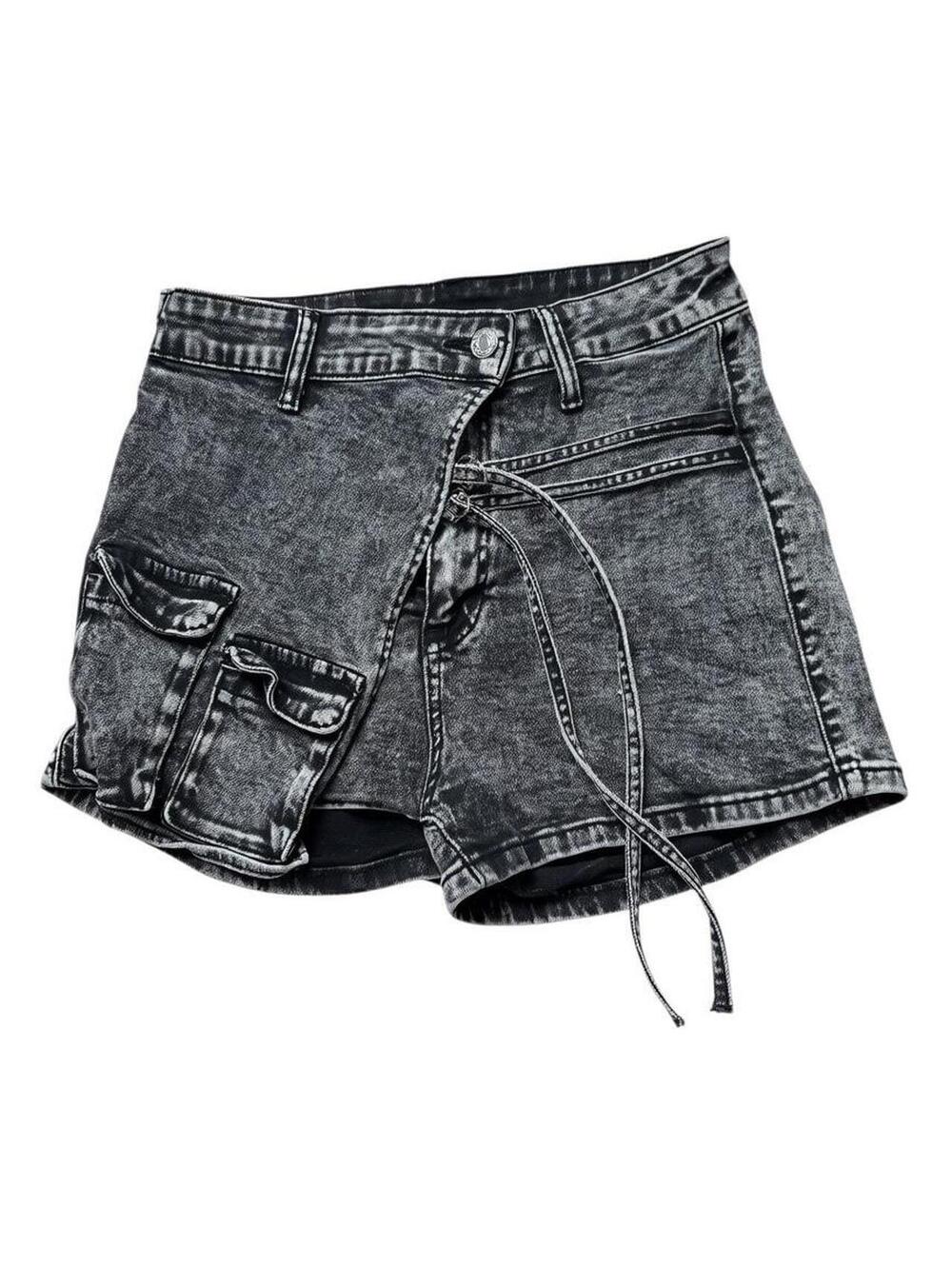 Y2K Black Acid Wash Cargo Denim Skort Size 30 Grunge Utility Mini